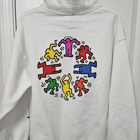 Keith Haring Artist White Pull Over Hoodie Hooded Sweat Shirt Size Large EUC - Picture 1 of 9